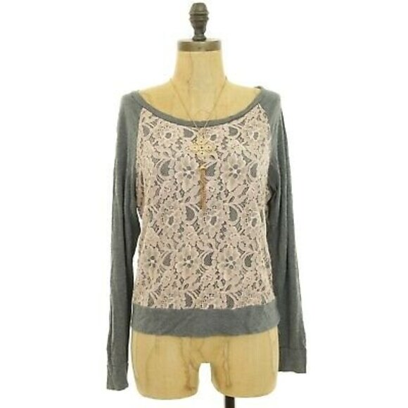 Haute Hippie Tops - HAUTE HIPPIE Top Size S Lace Overlay Long Sleeve Boat Neck Gray  B81